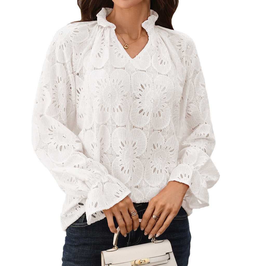 Solid-color V-neck Loose-fit Casual Long-sleeve Lace Top For Women