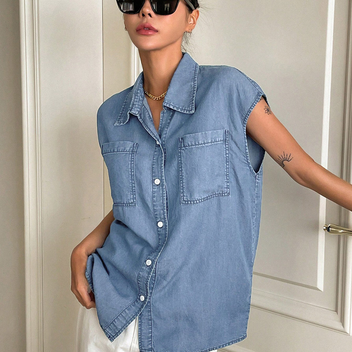 Pocket Denim Loose Top Casual Women