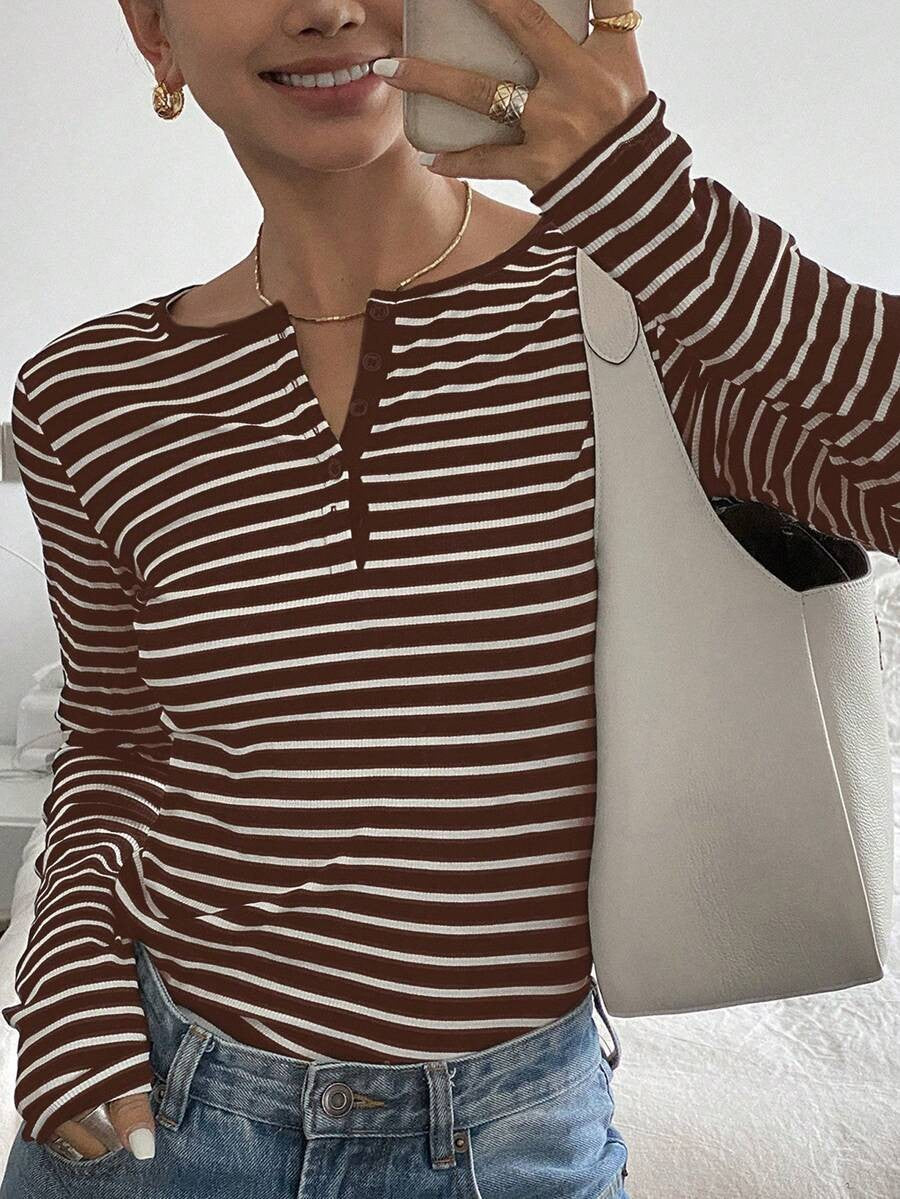 Striped Loose-Fit Long-Sleeve T-Shirt Casual Fashion Top For Women