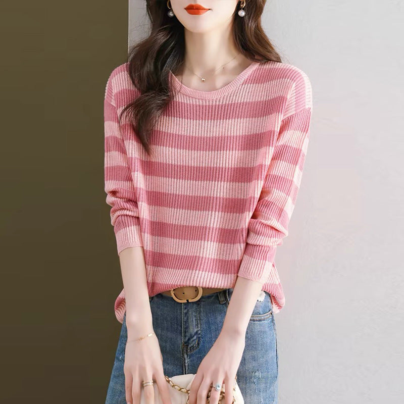 Striped Long Sleeve Women Loose Western Style Inner Wear Blouse