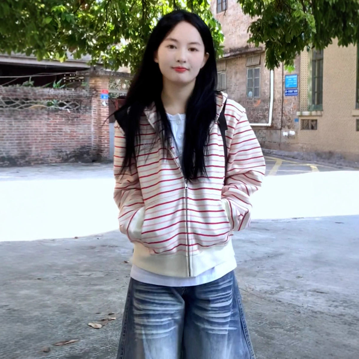 Powdery White Striped Cardigan Hoodie For Women