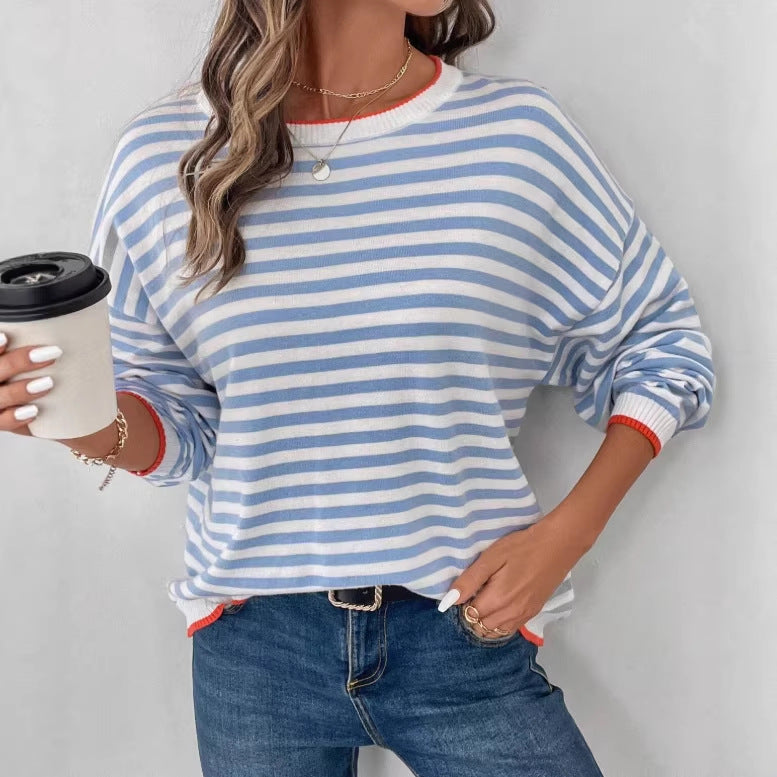 Striped Crewneck Long-sleeve T-shirt Loose-fit Top That Flatters The For Women