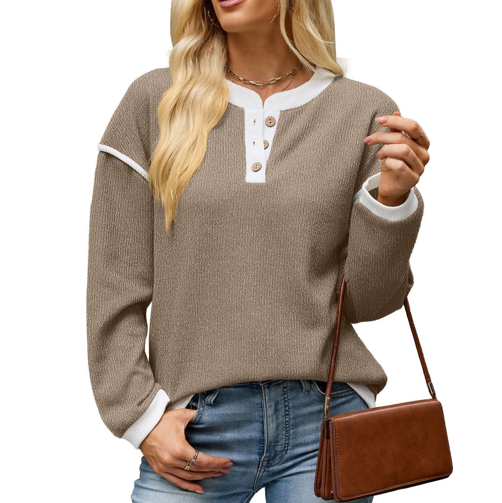 Color-block Crew-neck Button-up Loose-fit Long-sleeve T-shirt For Women