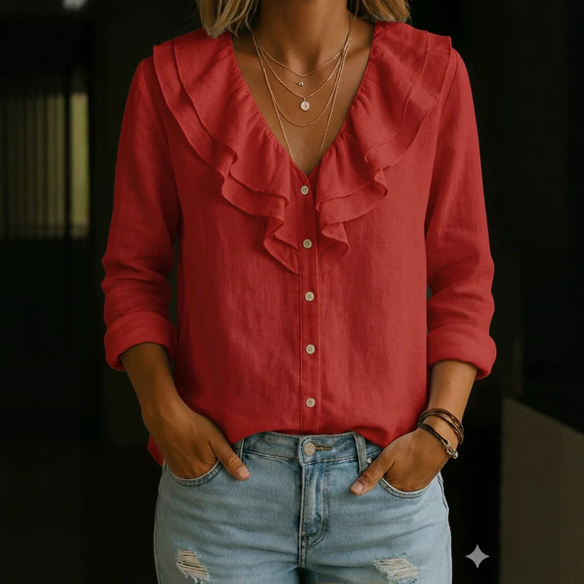 V-neck Ruffled Loose-fitting Long-sleeve Blouse For Women