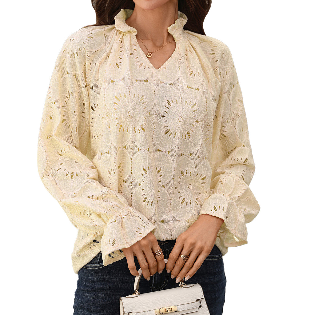 Solid-color V-neck Loose-fit Casual Long-sleeve Lace Top For Women