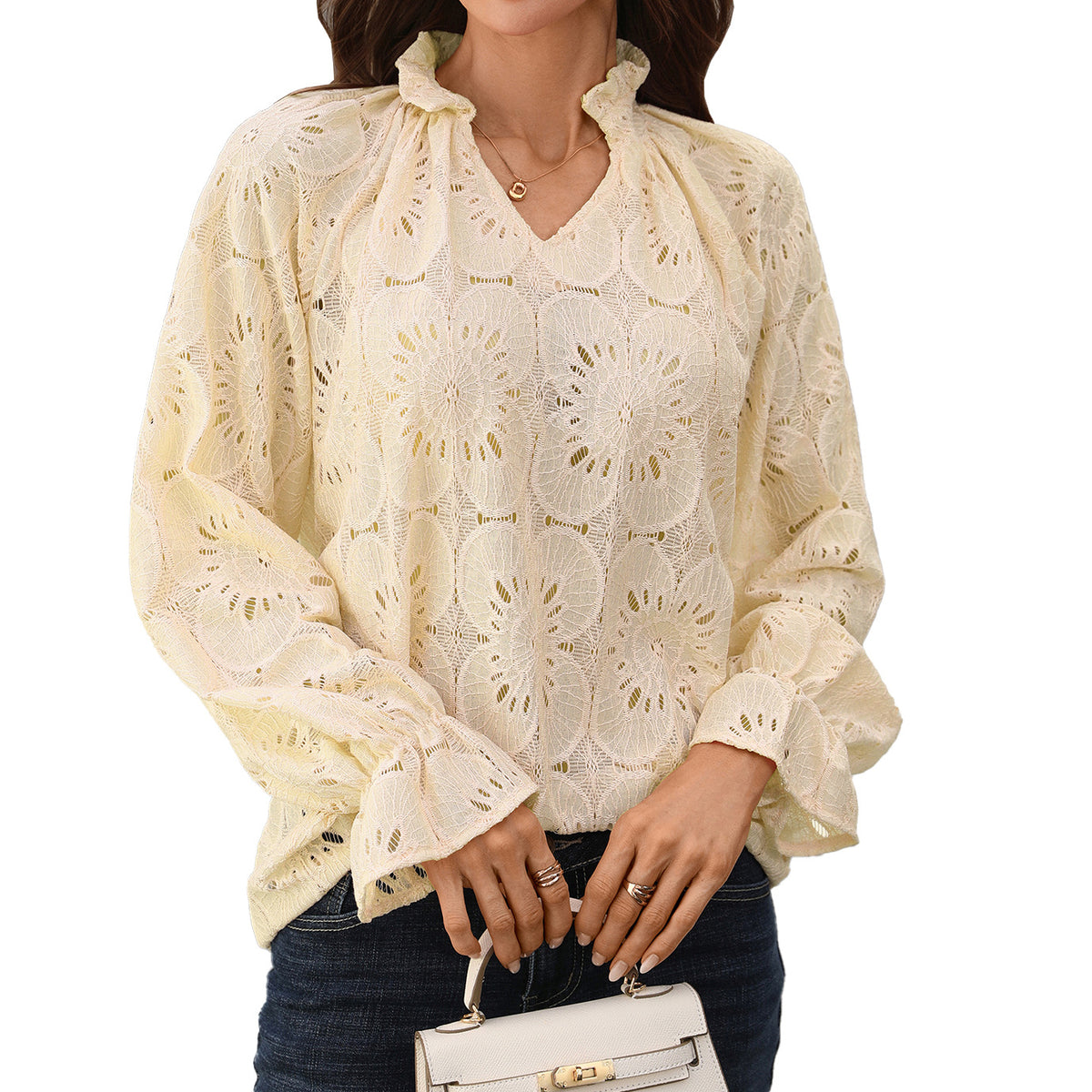 Solid-color V-neck Loose-fit Casual Long-sleeve Lace Top For Women