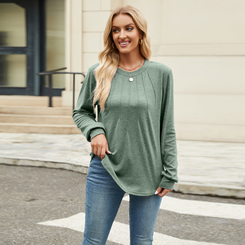 Solid-color Crew-neck Loose-fitting Long-sleeve T-shirt For Women