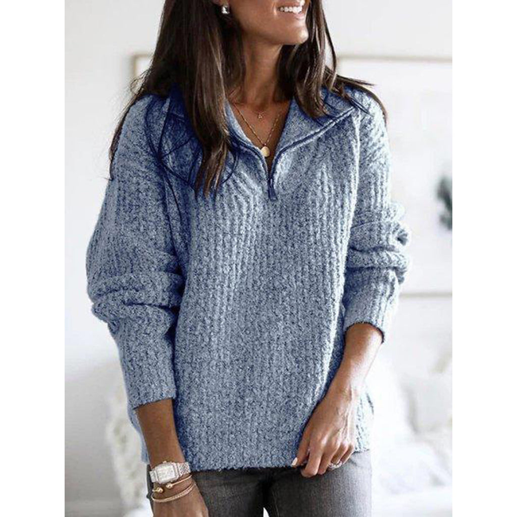 Zipper pullover long sleeve knit sweater women