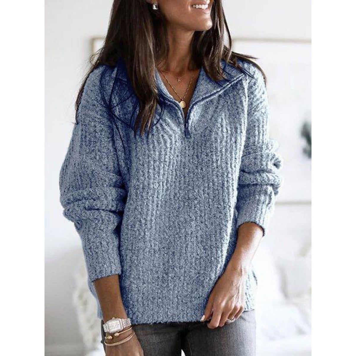 Zipper pullover long sleeve knit sweater women