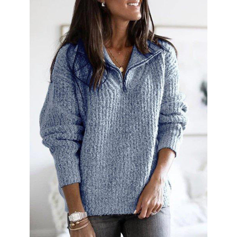 Zipper pullover long sleeve knit sweater women