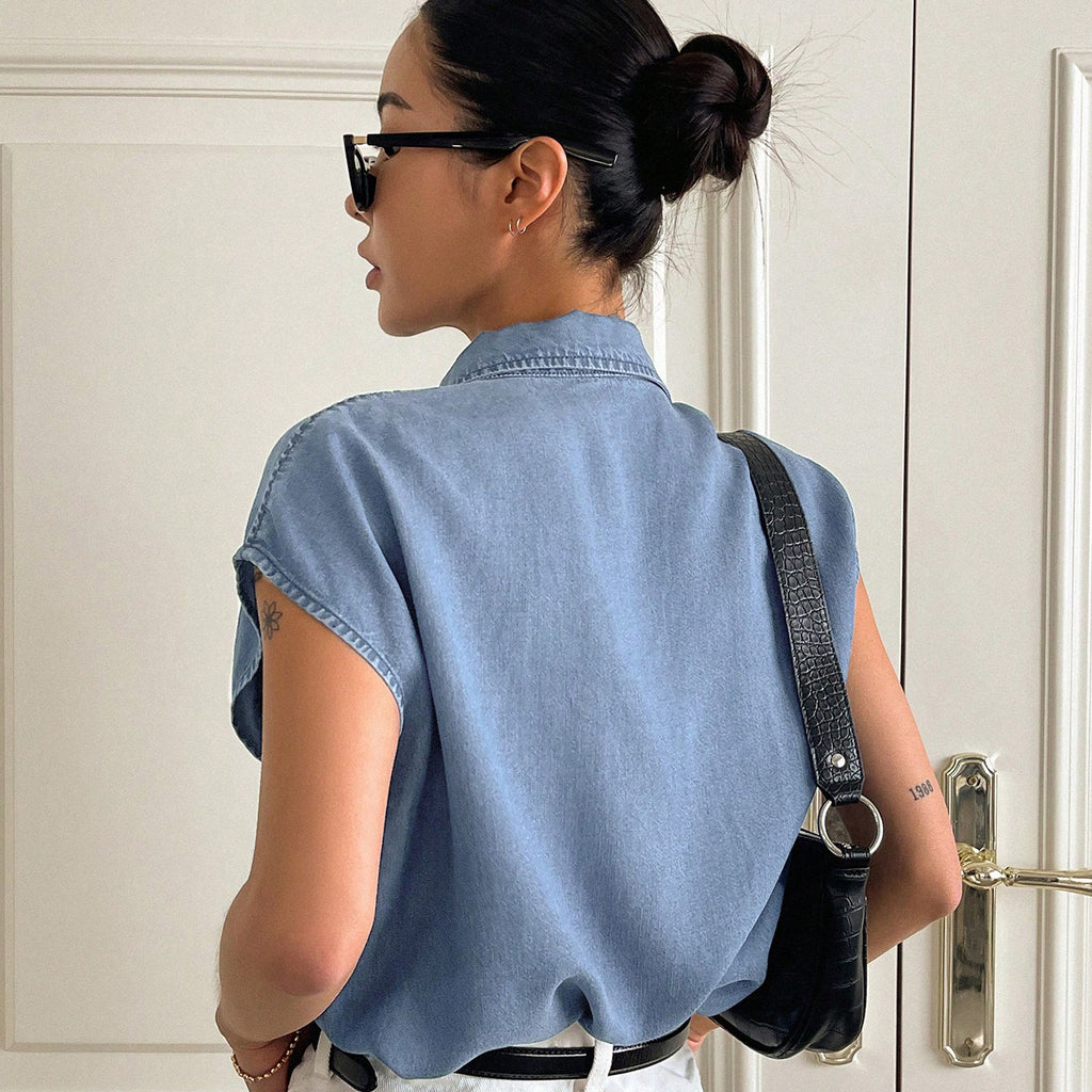 Pocket Denim Loose Top Casual Women