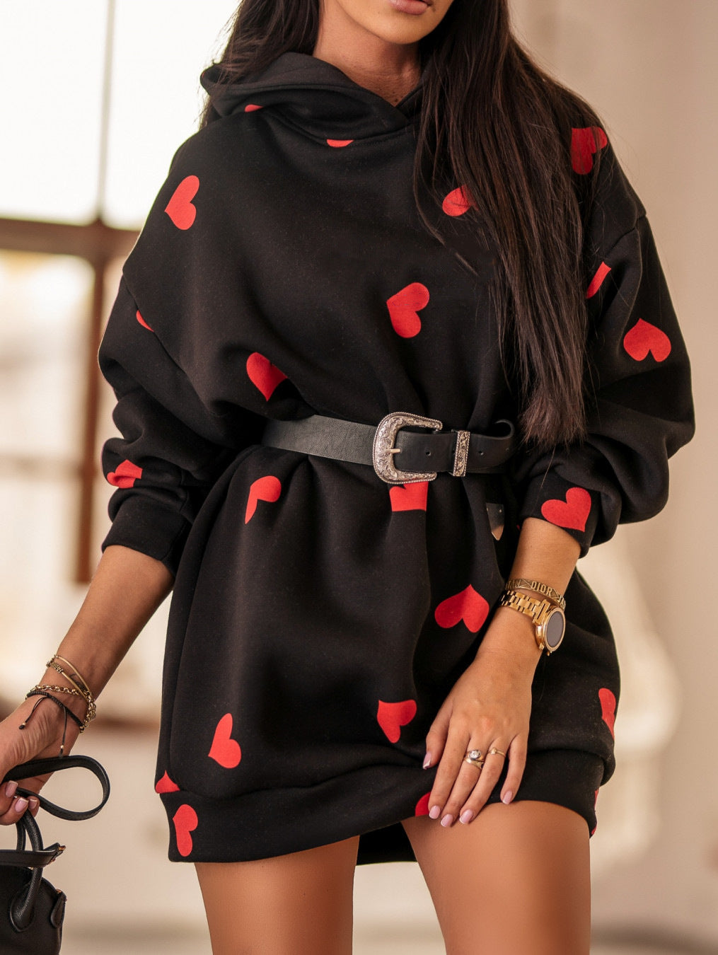 Autumn And Winter Long Loose Heart-Shaped Printed Sweatshirt Sweatshirt Women