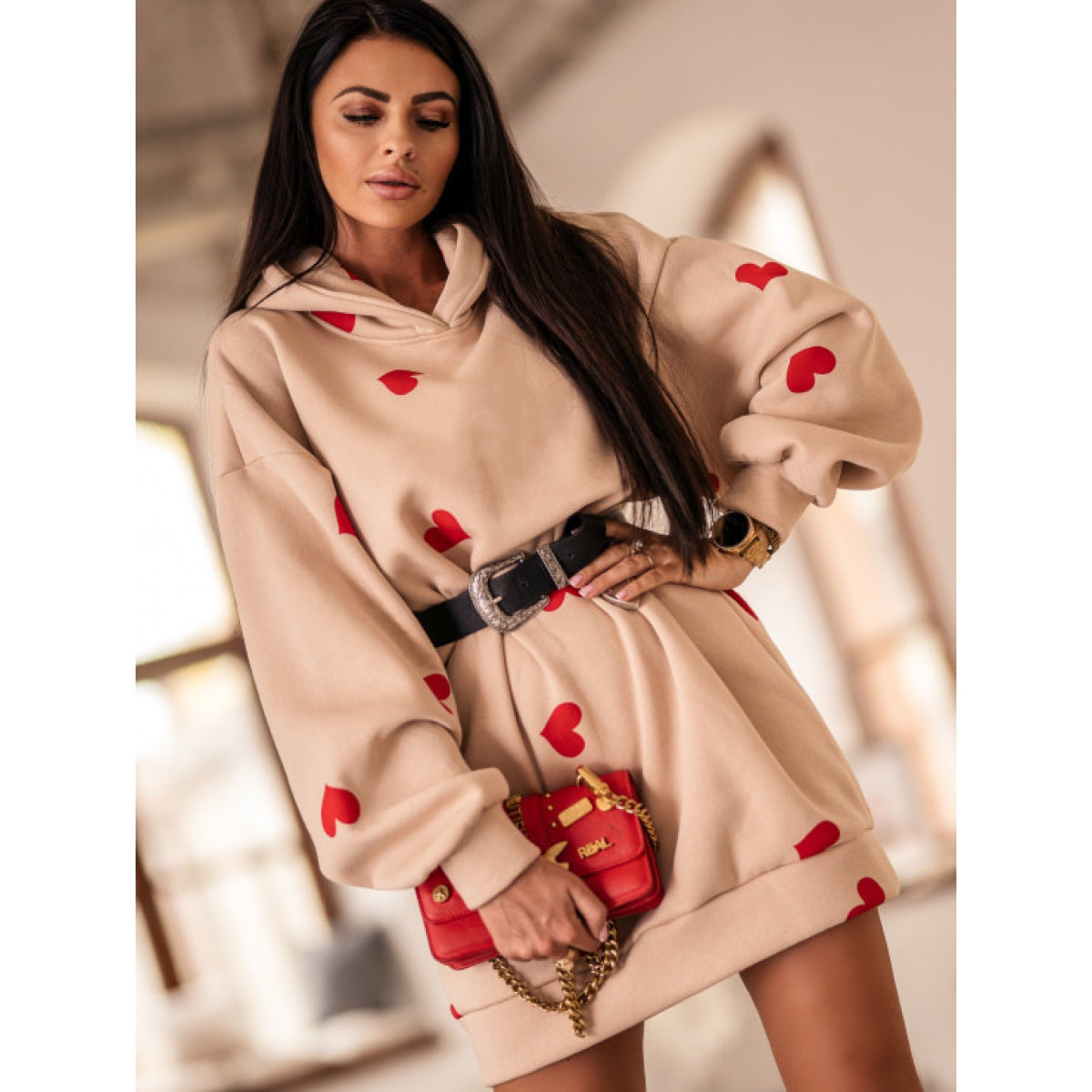 Autumn And Winter Long Loose Heart-Shaped Printed Sweatshirt Sweatshirt Women