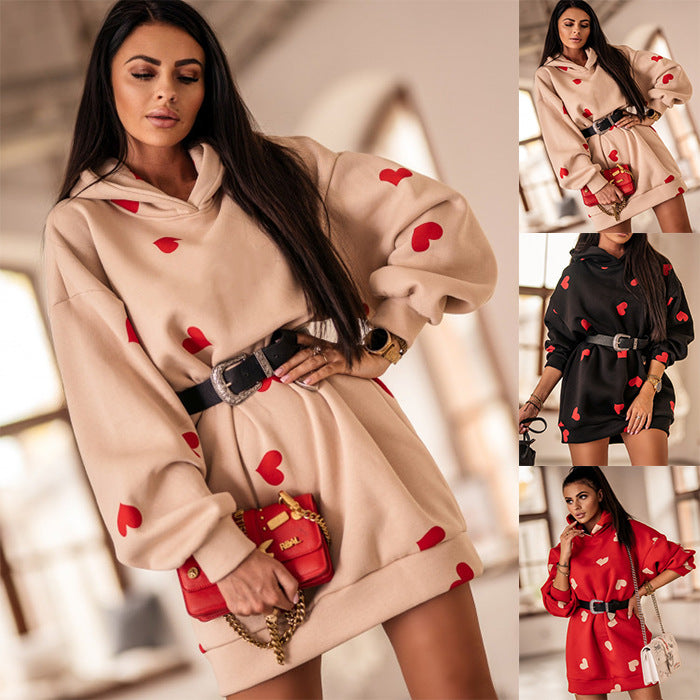 Autumn And Winter Long Loose Heart-Shaped Printed Sweatshirt Sweatshirt Women