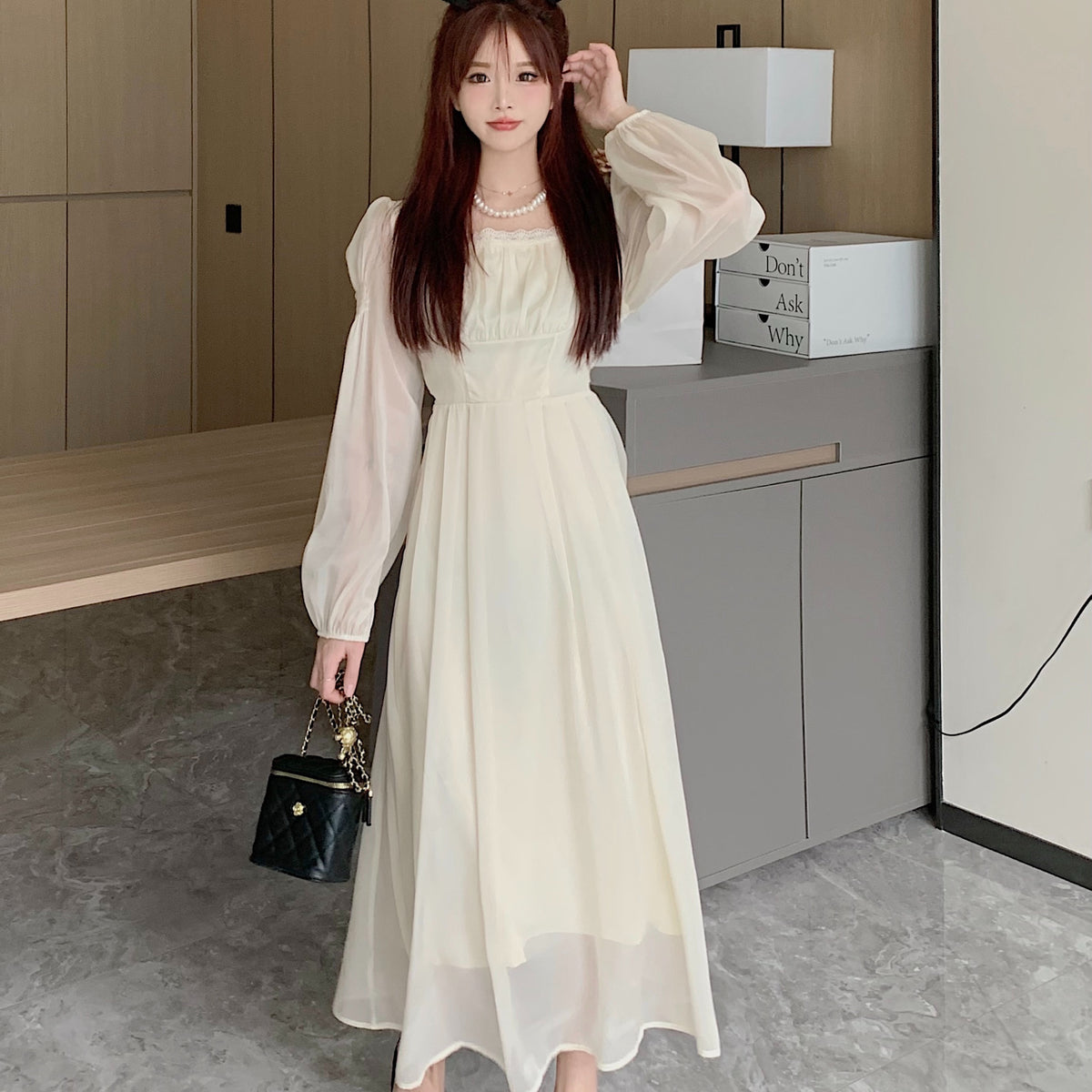 Autumn And Winter Retro Princess Style Square Collar Dress Women