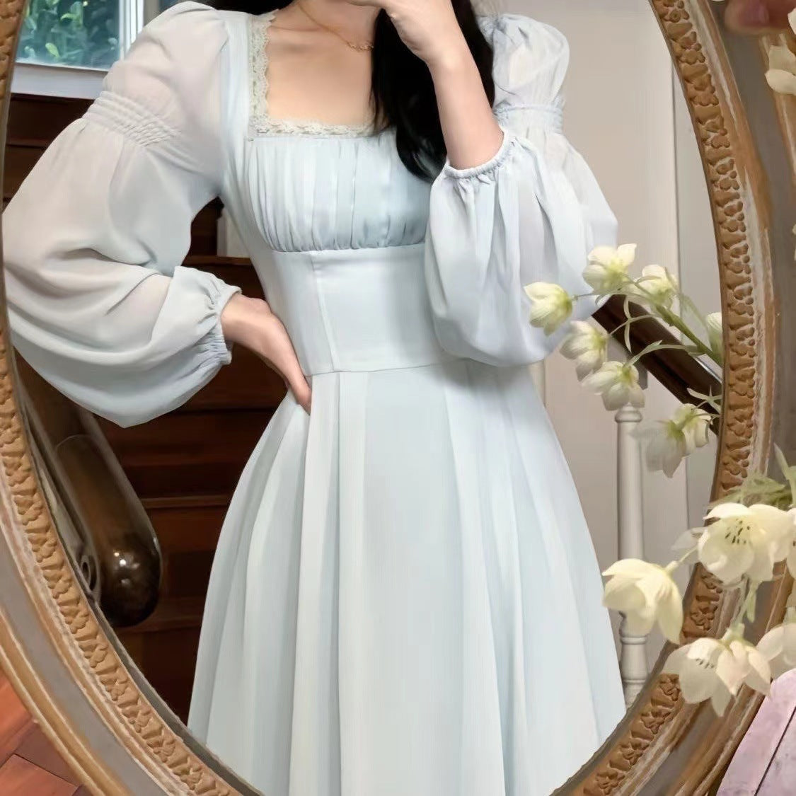 Autumn And Winter Retro Princess Style Square Collar Dress Women