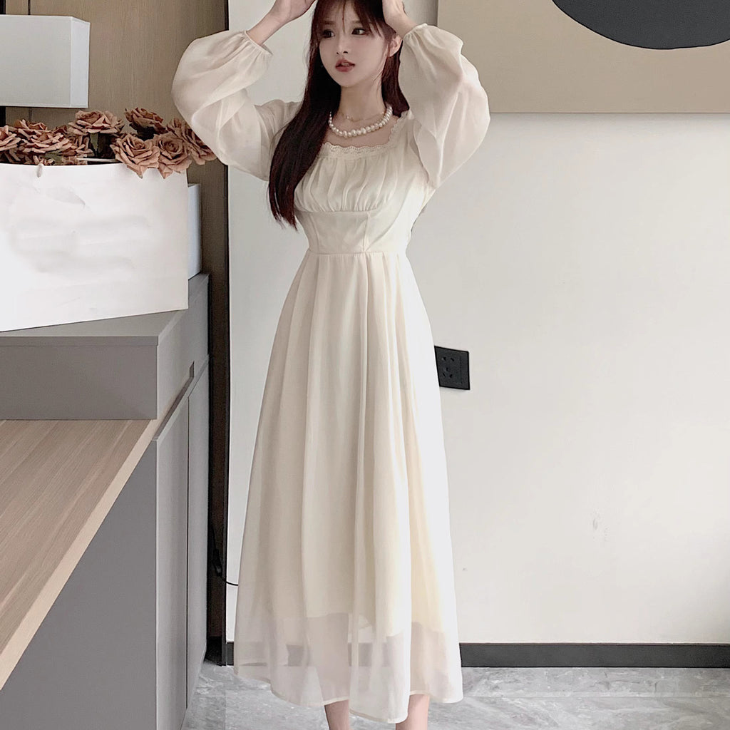 Autumn And Winter Retro Princess Style Square Collar Dress Women
