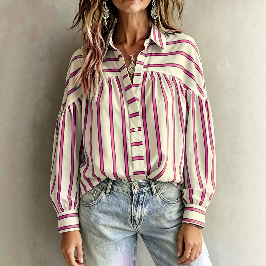 Vintage Striped Lapel Shirt Long-sleeve Loose-fitting Top For Women