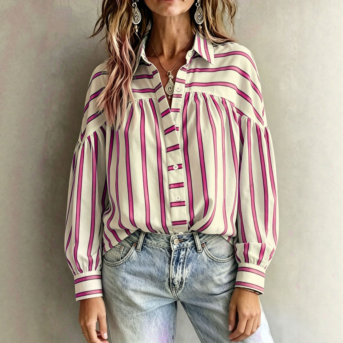 Vintage Striped Lapel Shirt Long-sleeve Loose-fitting Top For Women