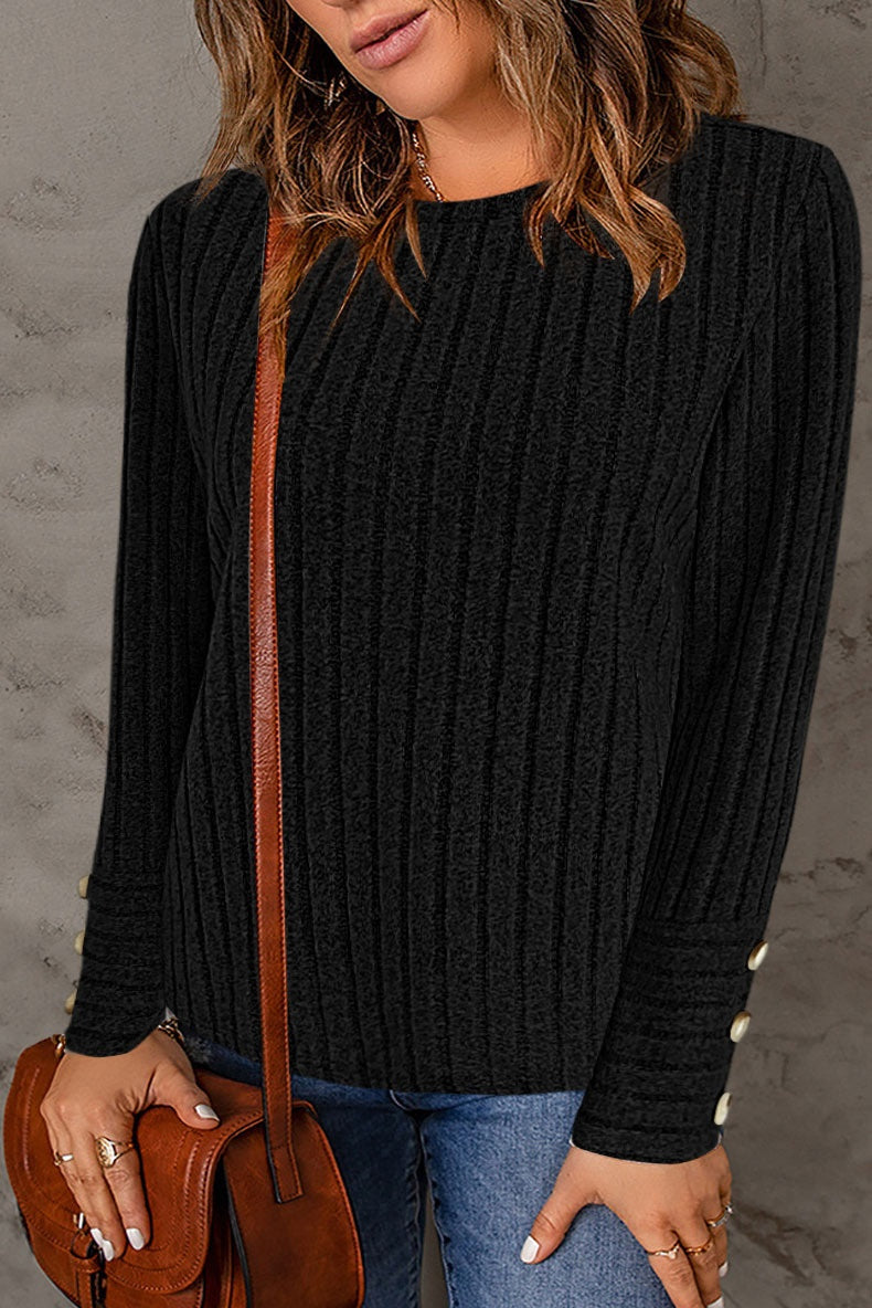 Women Ribbed Knit Long Sleeve Top Crew Neck Blouse With Decorative Buttons On Cuffs Casual Loose Shirts