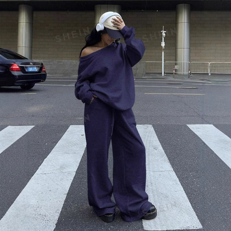 Casual Sports Style Round Neck Loose Hoodie And Casual Pants Set For Women