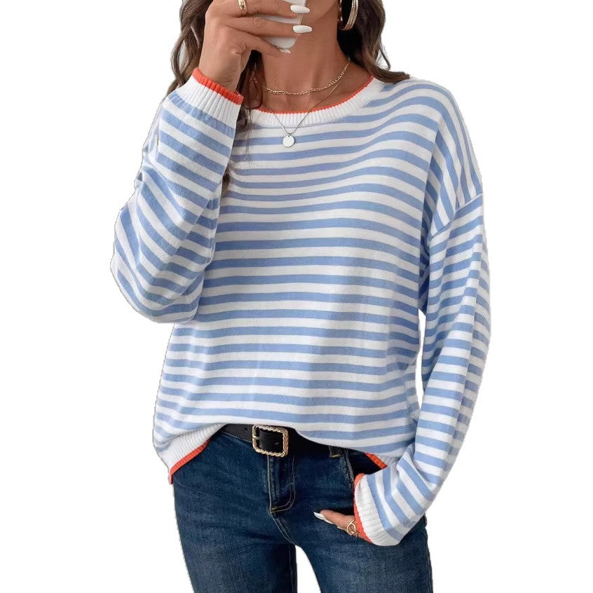 Striped Crewneck Long-sleeve T-shirt Loose-fit Top That Flatters The For Women