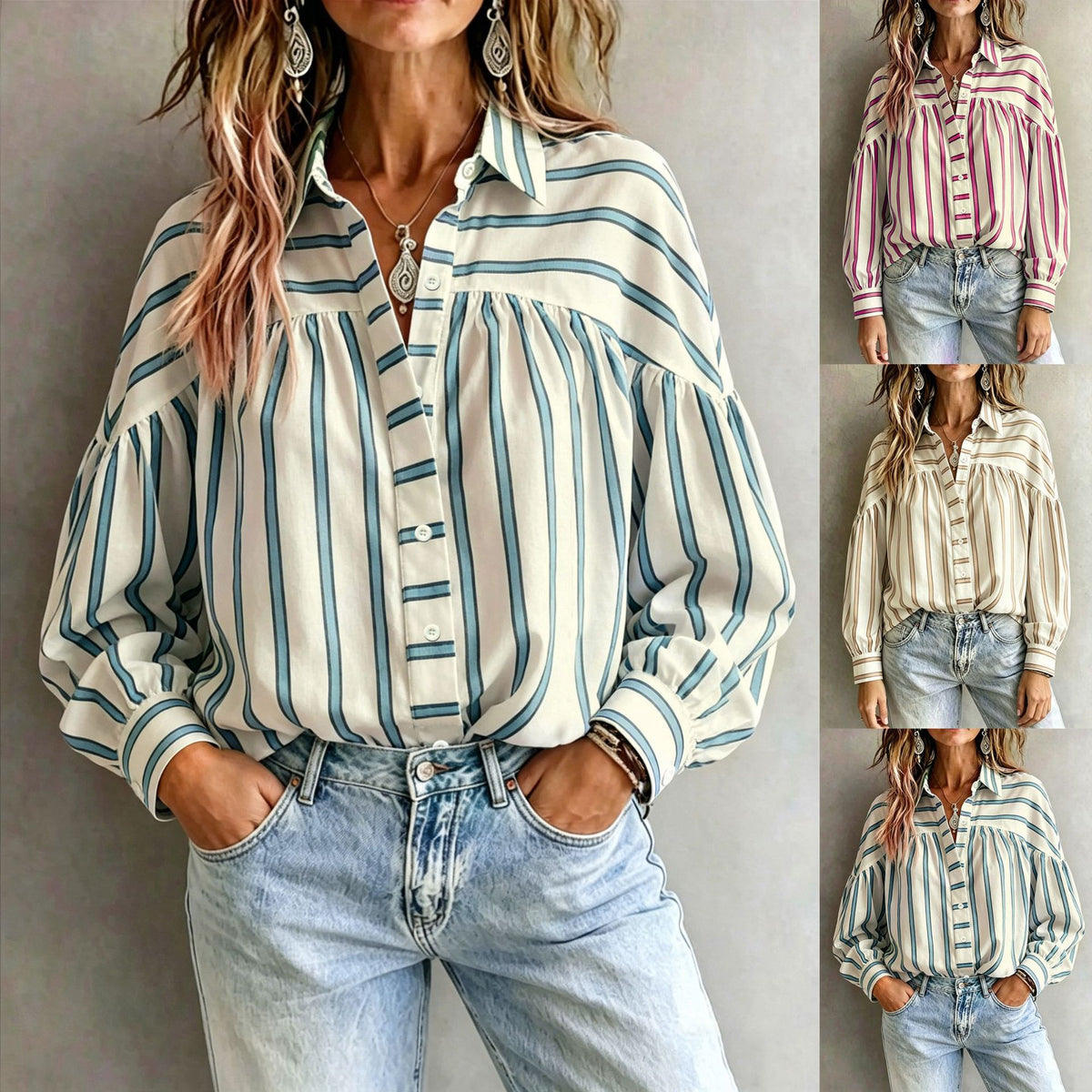 Vintage Striped Lapel Shirt Long-sleeve Loose-fitting Top For Women