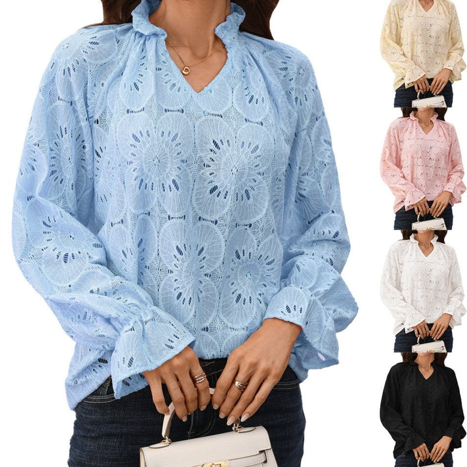 Solid-color V-neck Loose-fit Casual Long-sleeve Lace Top For Women