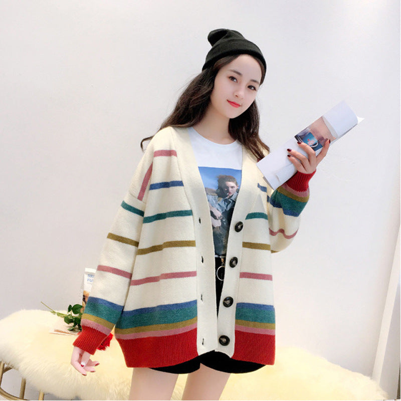 New Rainbow Striped Sweater Cardigan Women