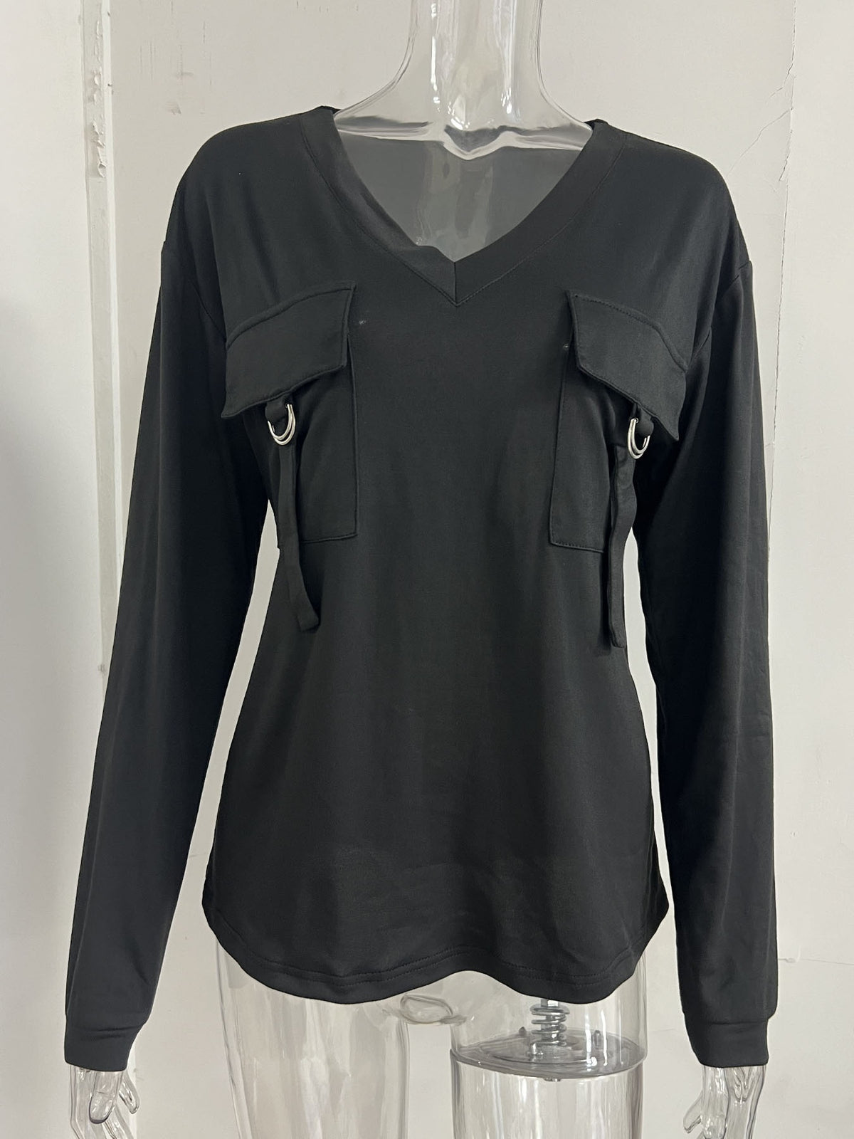 Women VNeck Long Sleeve Blouse Casual Loose Top With Decor Flap Pockets