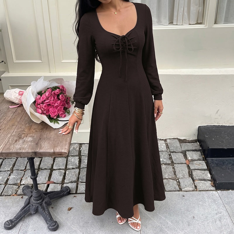 New Autumn Winter Elegant Square-neck Lace-up Dress For Women