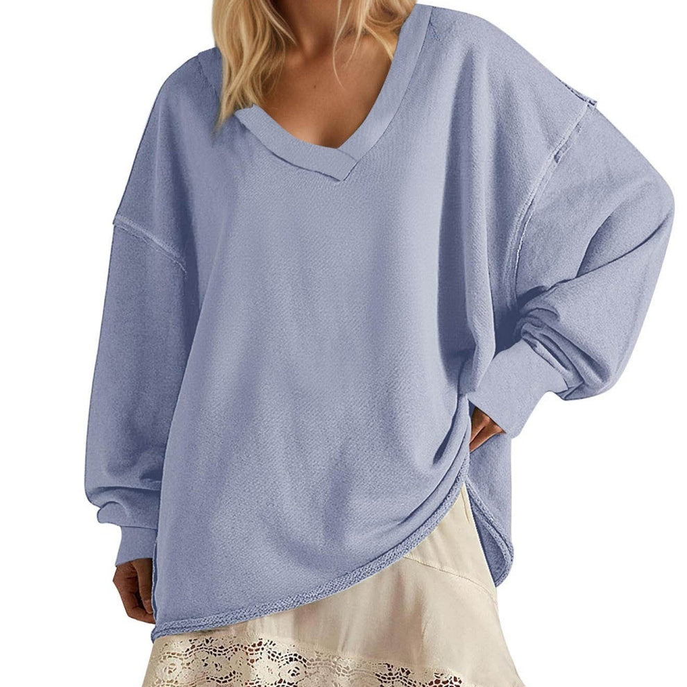 New Solid-color V-neck Loose-fitting Long-sleeve Top For Women