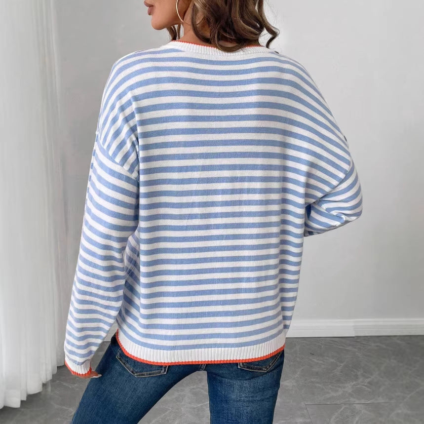 Striped Crewneck Long-sleeve T-shirt Loose-fit Top That Flatters The For Women