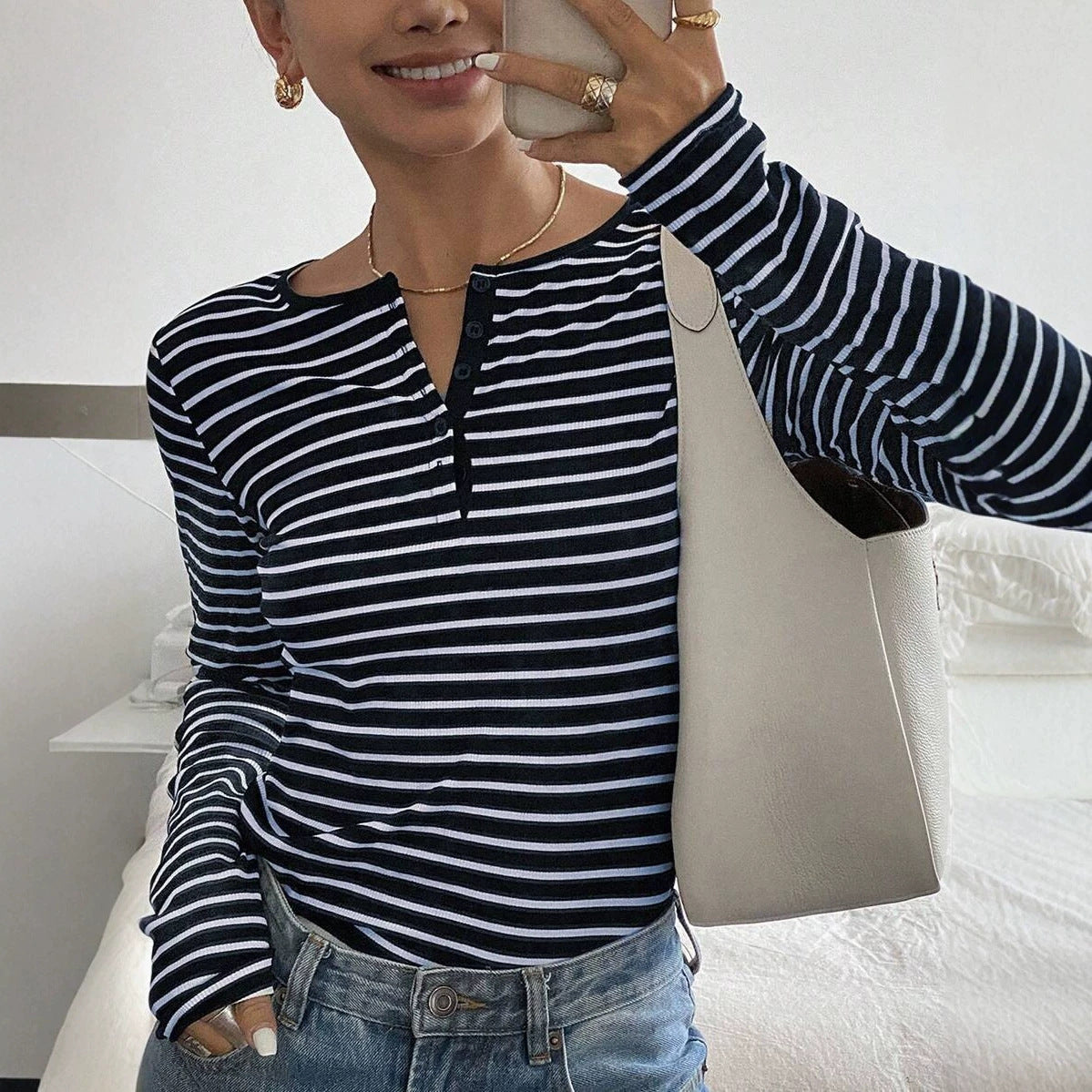 Striped Loose-Fit Long-Sleeve T-Shirt Casual Fashion Top For Women