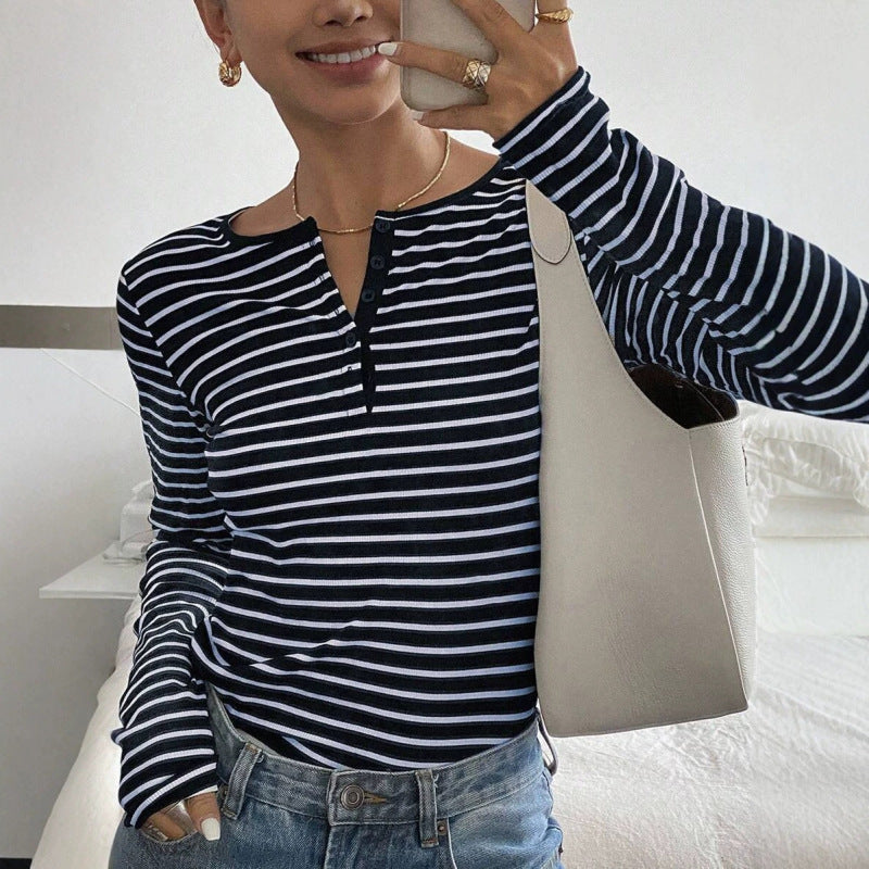 Striped Loose-Fit Long-Sleeve T-Shirt Casual Fashion Top For Women