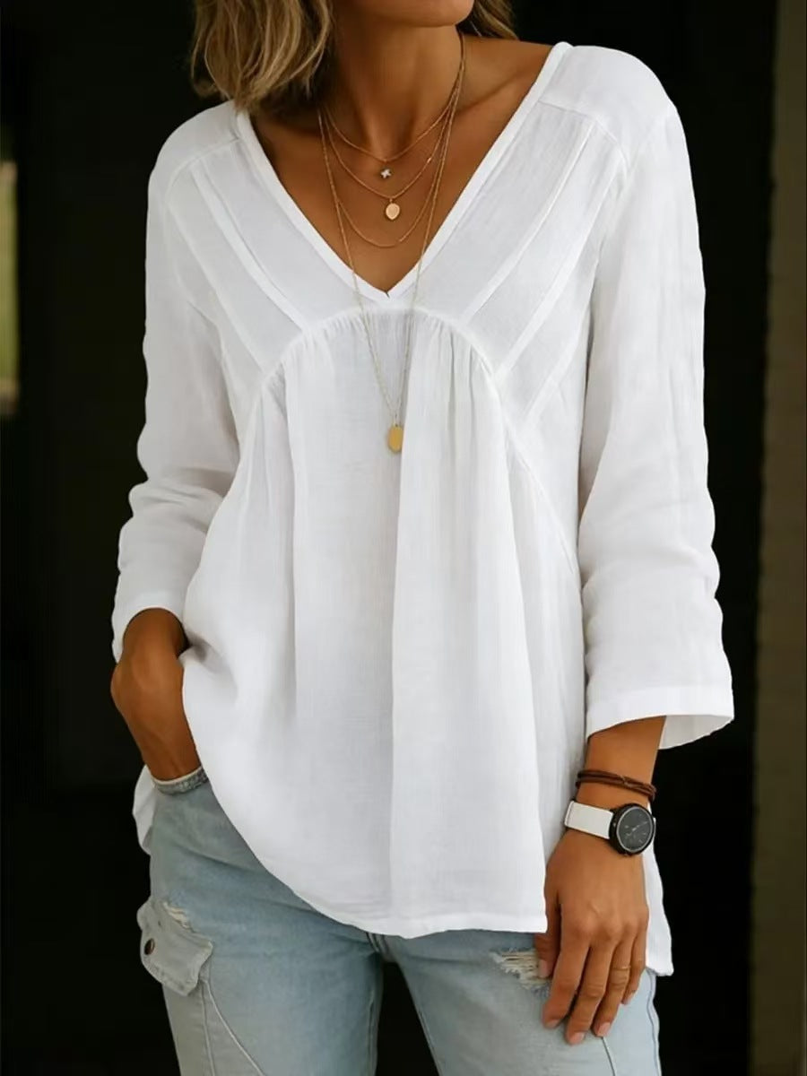 Solid-color Casual Loose-fitting Long-sleeve Top For Women