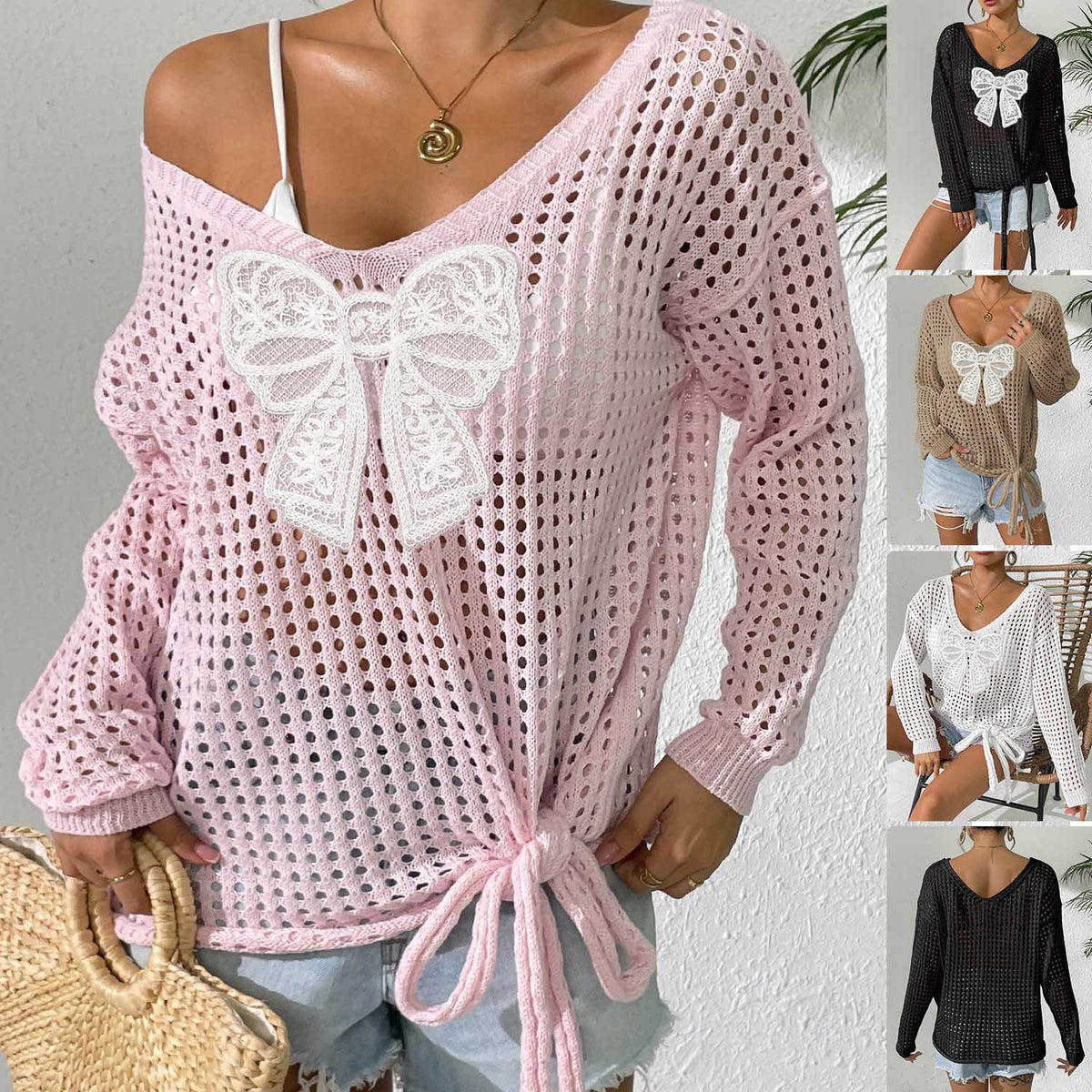 Women Loose Lazy Style Hollow Knit Pullover Top, Long Sleeve Butterfly Patchwork Tie Detail Sheer Cover Up Sweater