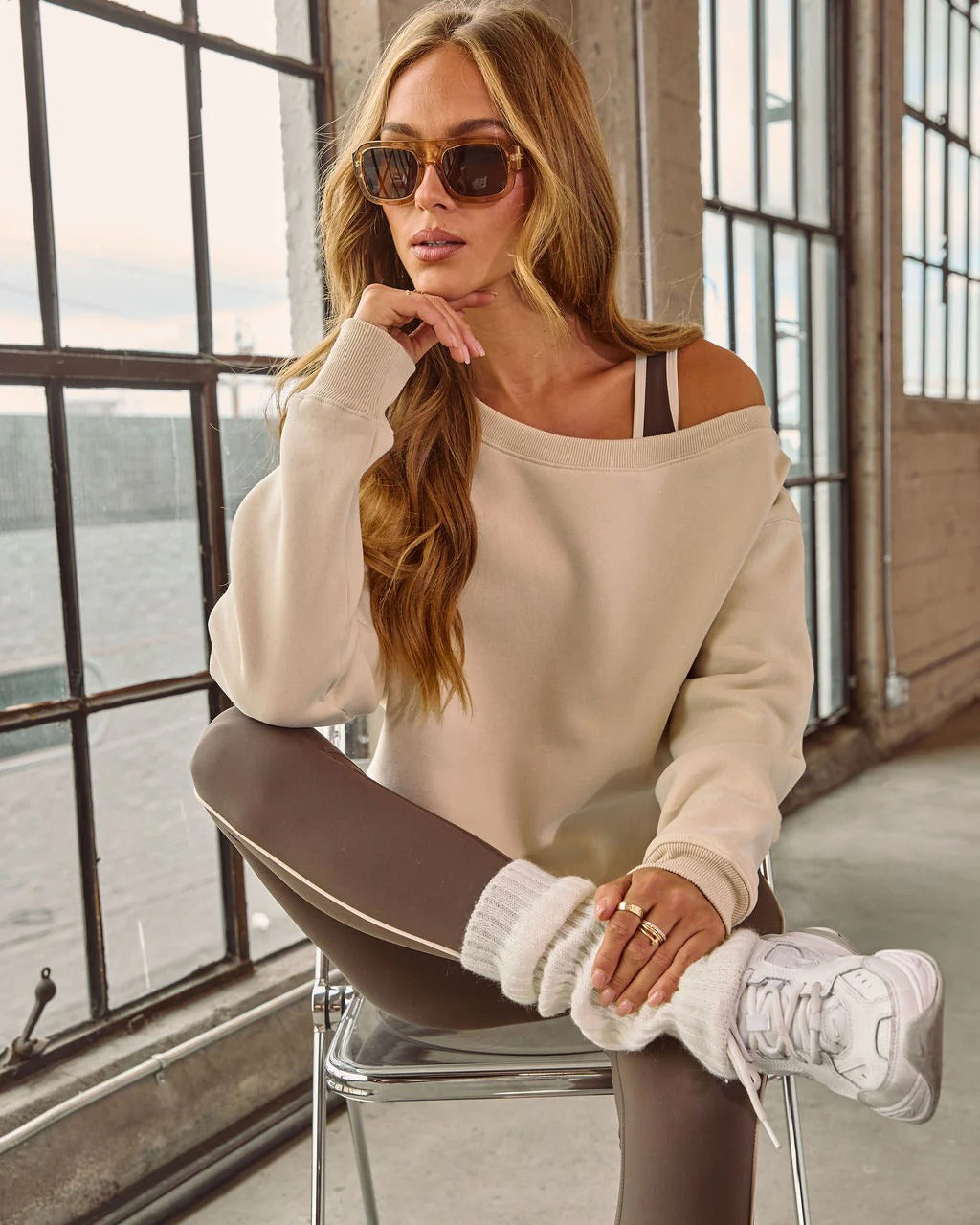 Big Round Neck Off-Shoulder Loose Sweatshirt Long-Sleeve Pullover Top For Women