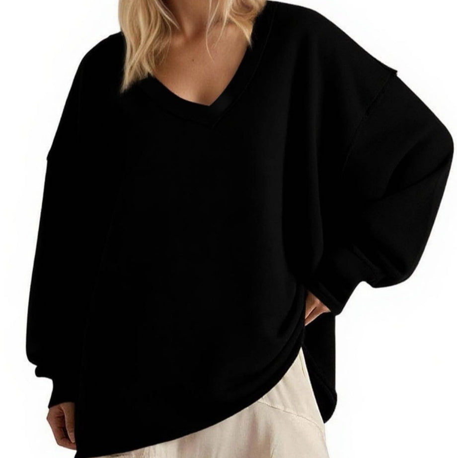 New Solid-color V-neck Loose-fitting Long-sleeve Top For Women