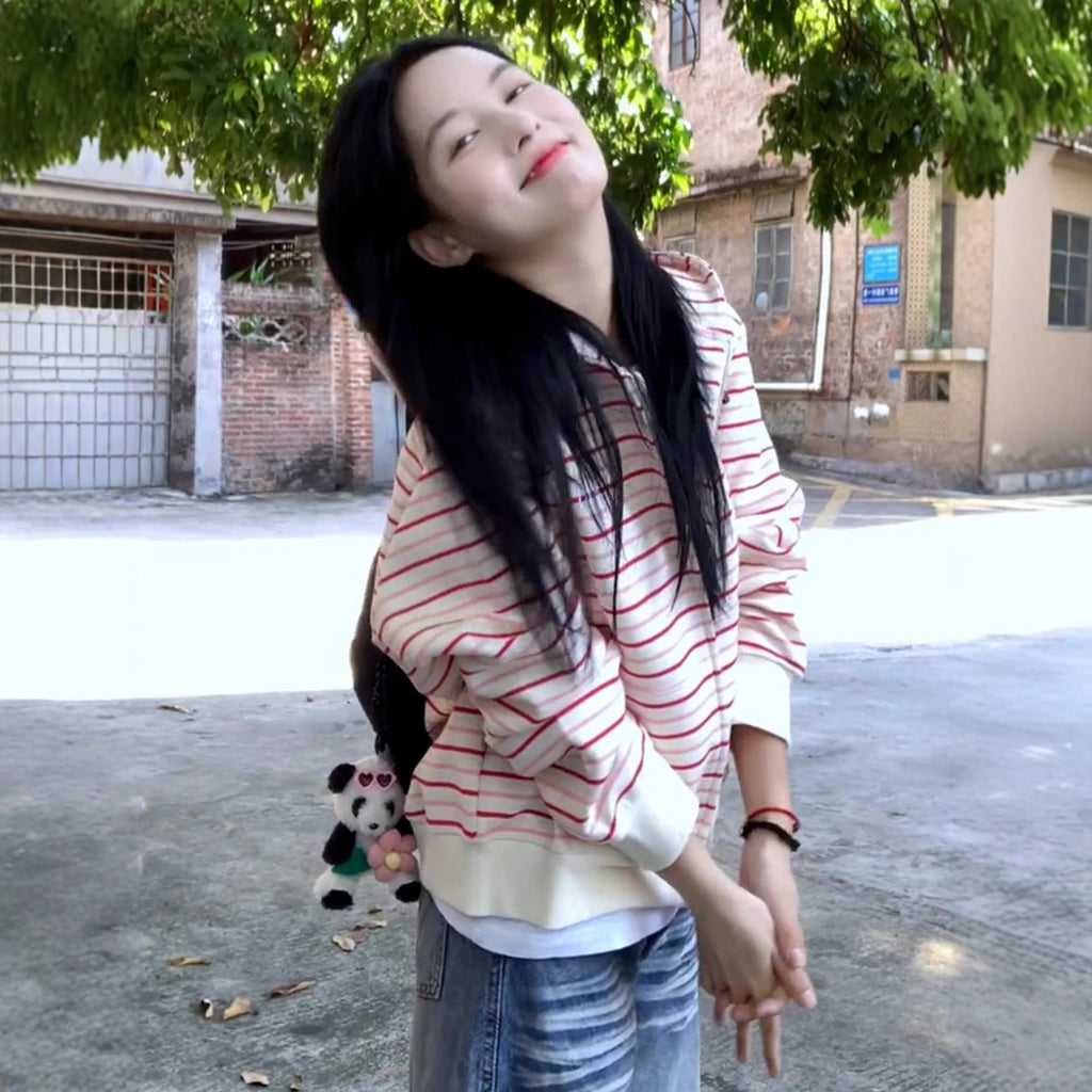 Powdery White Striped Cardigan Hoodie For Women