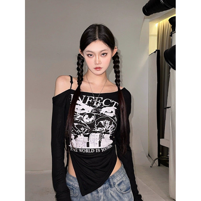 Fashionable Loose-fit Retro Long-sleeve T-shirt Top For Women