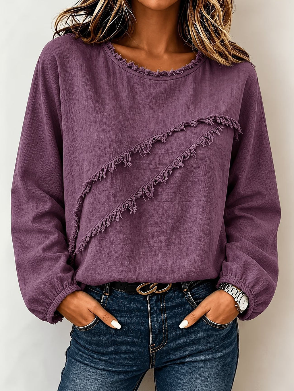 Women New Fall Fringe Spliced Crew Neck Long Sleeve Loose Casual Fashion Top