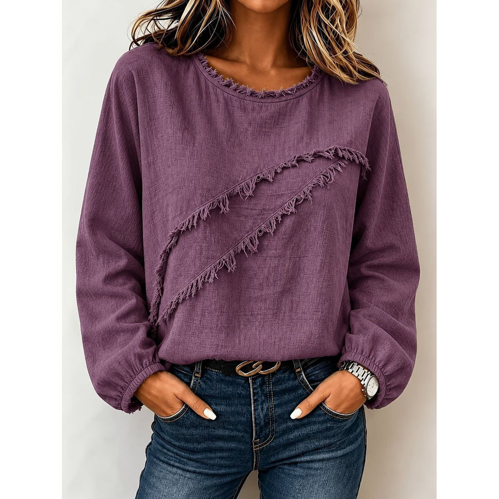 Women New Fall Fringe Spliced Crew Neck Long Sleeve Loose Casual Fashion Top