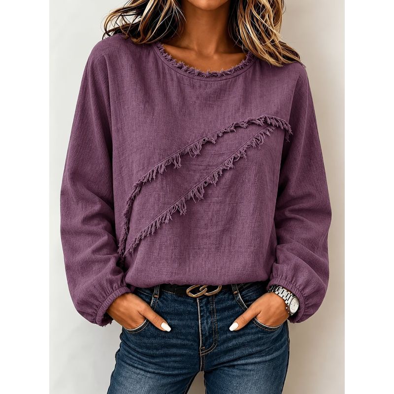 Women New Fall Fringe Spliced Crew Neck Long Sleeve Loose Casual Fashion Top