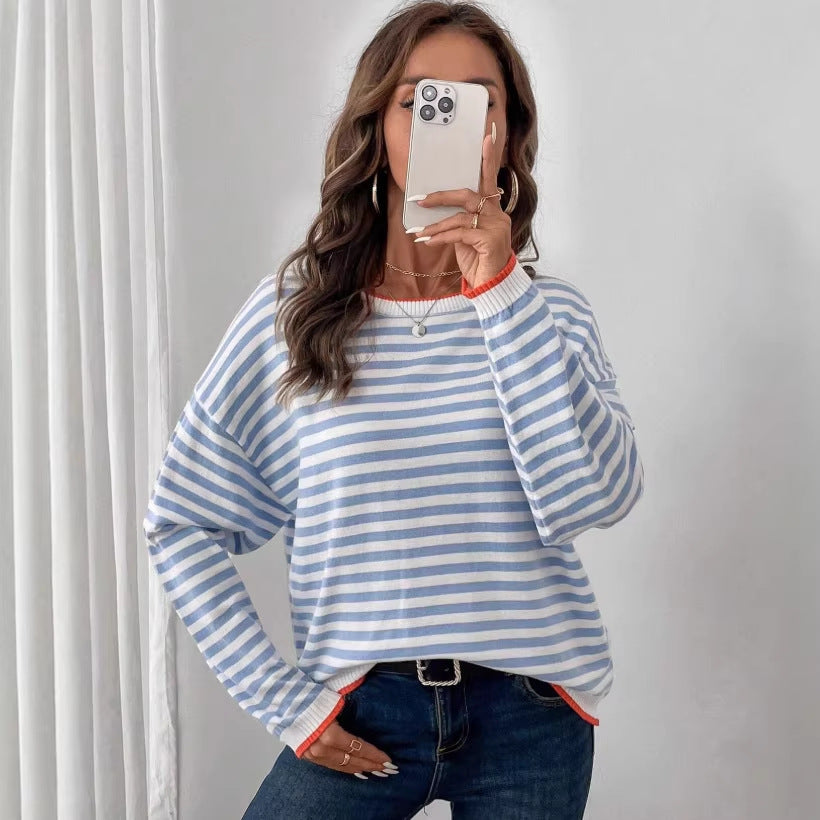 Striped Crewneck Long-sleeve T-shirt Loose-fit Top That Flatters The For Women