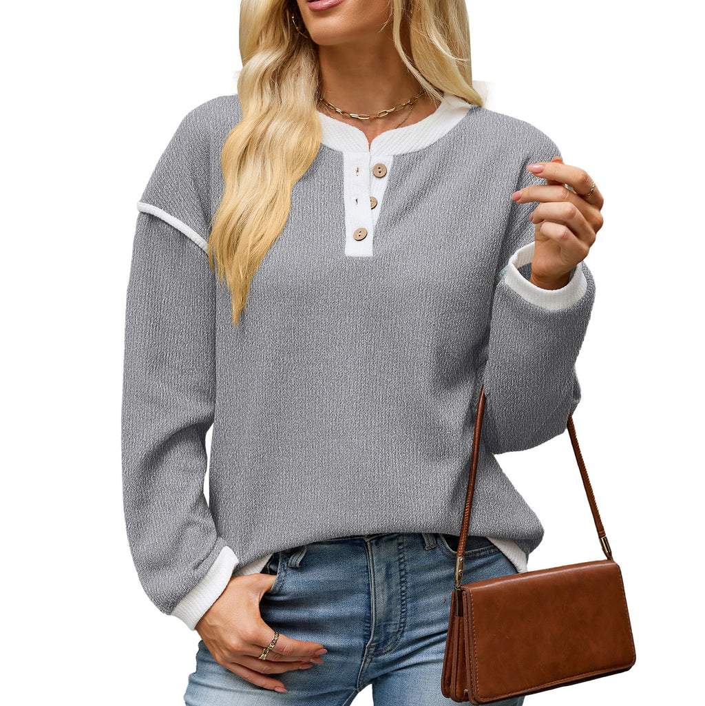 Color-block Crew-neck Button-up Loose-fit Long-sleeve T-shirt For Women