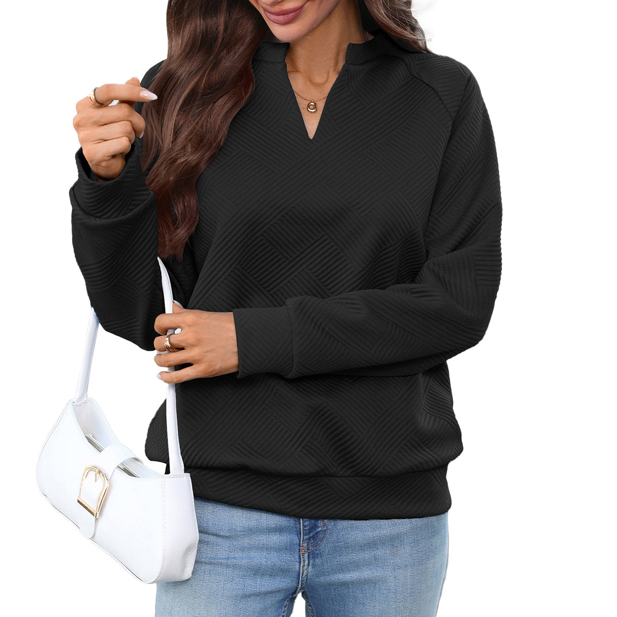 Solid-color V-neck Loose-fit Long-sleeve Plaid Top For Women