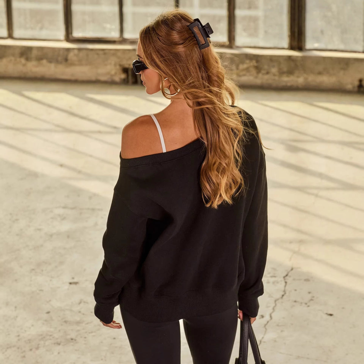 Big Round Neck Off-Shoulder Loose Sweatshirt Long-Sleeve Pullover Top For Women