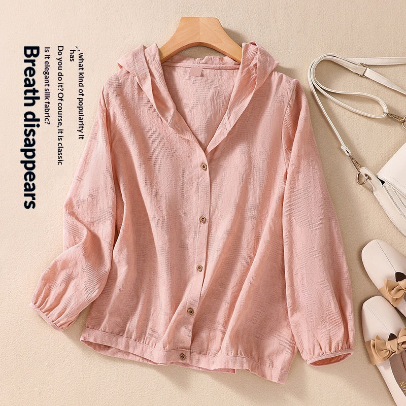 Cotton-Linen Plus-Size Loose-Fit Shirt Hooded Cardigan Long-Sleeve Top For Women