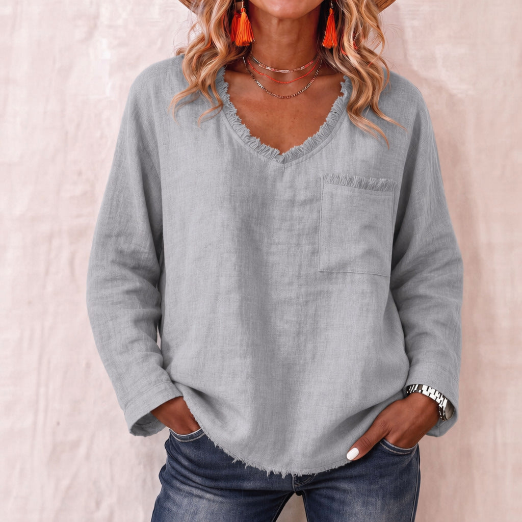 Loose-fit V-neck Long-sleeve Solid-color Casual Top For Women